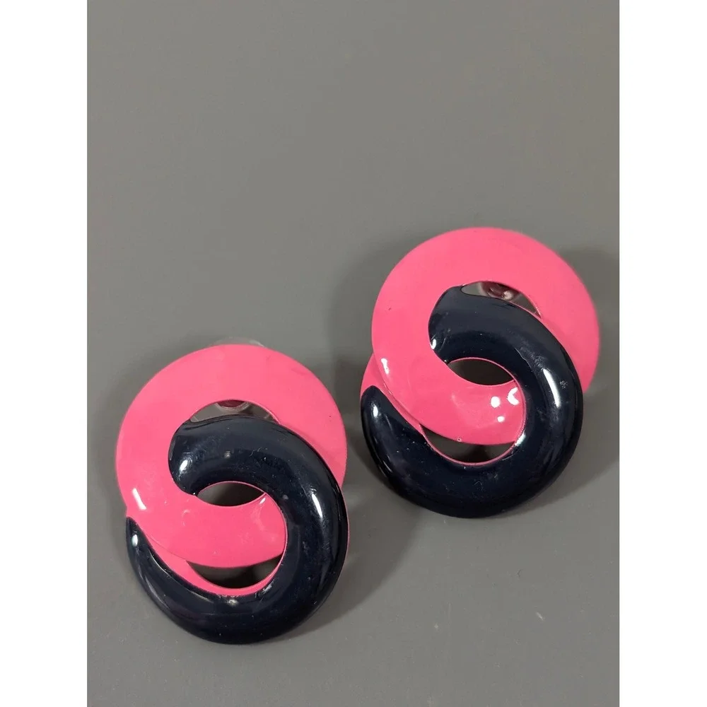 Vintage Pink Navy Enamel Swirl Earrings‎ Retro 80s 90s Statement